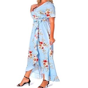 FV Plus Size Maxi Wrap Dress Blue Floral Short Sleeve Casual Summer V Neck 2XL